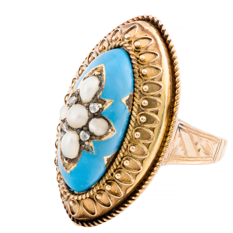 Victorian Turquoise Blue Enamel, Rose Cut Diamond, & Natural Pearl Star Ring