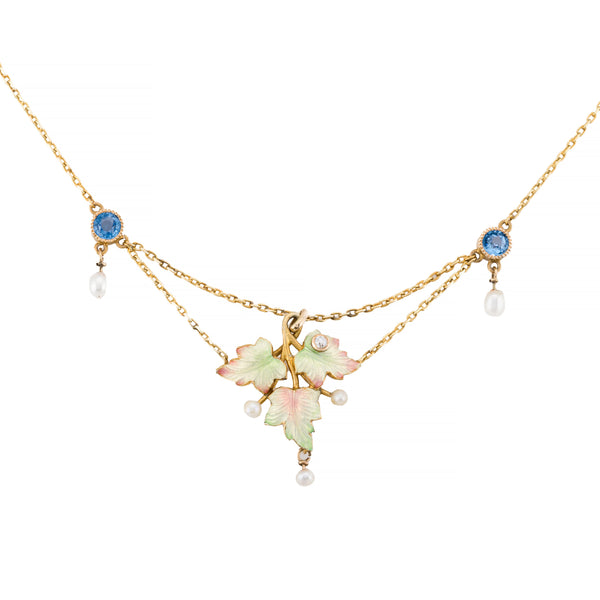 Art Nouveau Enamel Leaf Motif, Yogo Sapphire, & Diamond Festoon Necklace