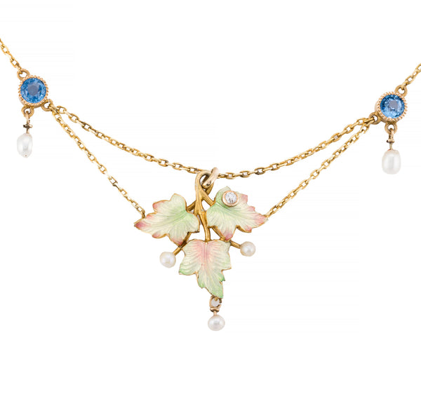 Art Nouveau Enamel Leaf Motif, Yogo Sapphire, & Diamond Festoon Necklace