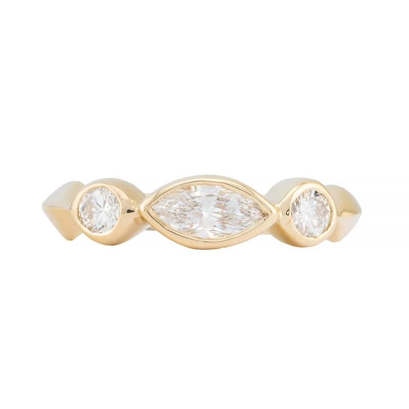 Marquise & Round Diamond Three Stone Band Ring in 18K Yellow Gold