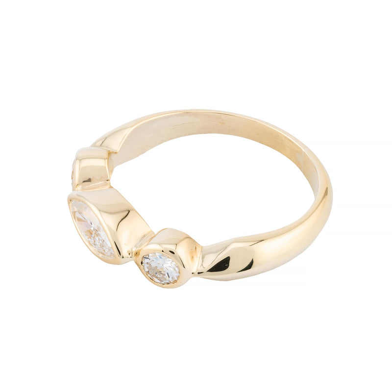 Marquise & Round Diamond Three Stone Band Ring in 18K Yellow Gold