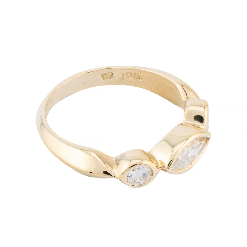 Marquise & Round Diamond Three Stone Band Ring in 18K Yellow Gold