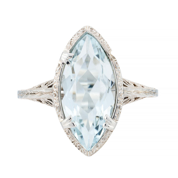 Art Deco Sky Blue Aquamarine Solitaire Filigree Ring in 18 Karat White Gold