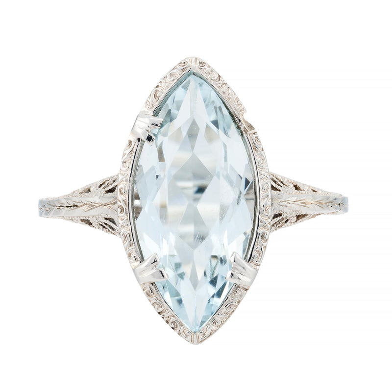 Art Deco Sky Blue Aquamarine Solitaire Filigree Ring in 18 Karat White Gold