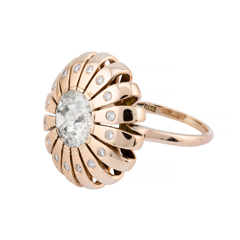 Mid Century 3.05ct European Cut Diamond Daisy Flower Ring in 14K Yellow Gold