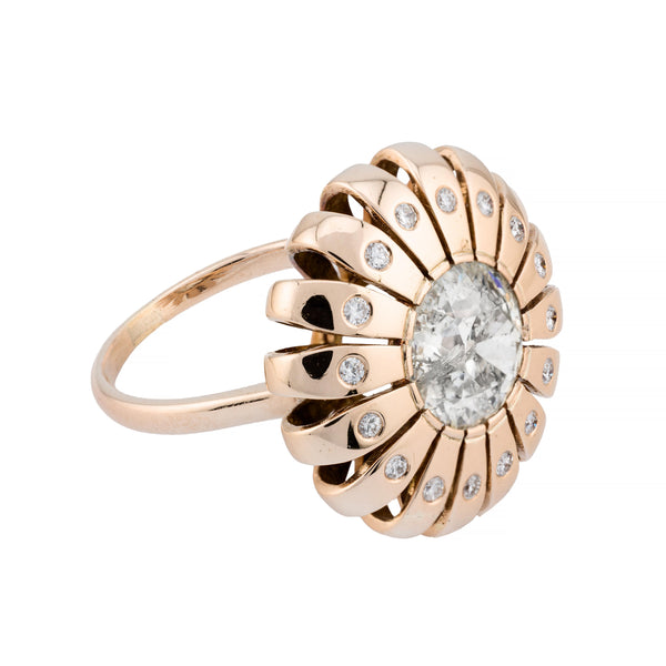 Mid Century 3.05ct European Cut Diamond Daisy Flower Ring in 14K Yellow Gold