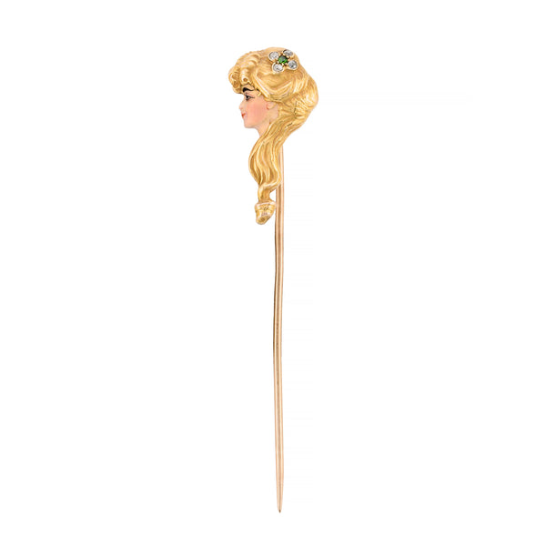 Art Nouveau Figural Enamel, Diamond, & Demantoid Garnet Stick Pin in 14K Gold