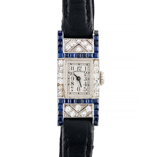 Art Deco Platinum, Diamond, & Sapphire Movado Ladies Wrist Watch