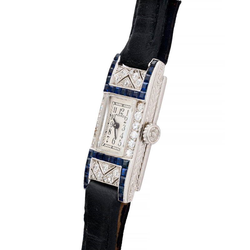 Art Deco Platinum, Diamond, & Sapphire Movado Ladies Wrist Watch