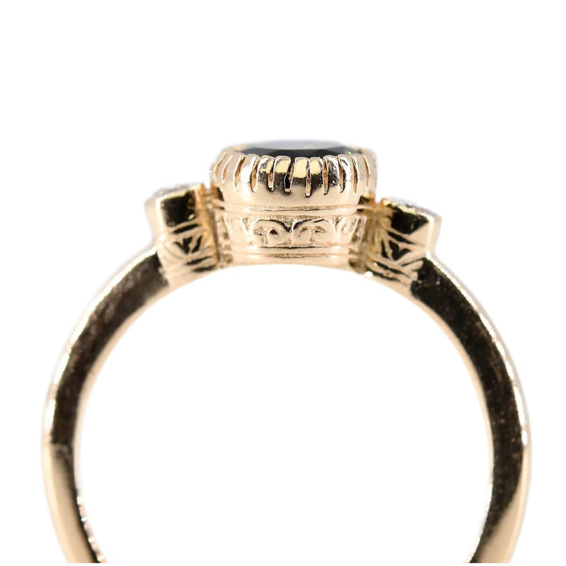 Bezel Set Green Tourmaline & Diamond Three Stone Ring in 14 Karat Yellow Gold