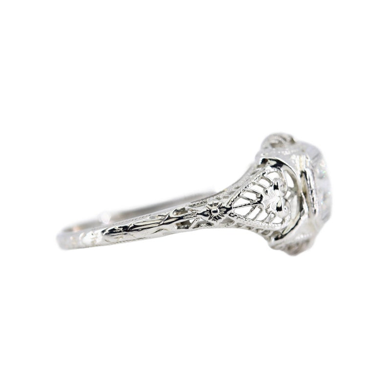 Floral Art Deco Diamond Filigree Engagement Ring in 18 Karat White Gold