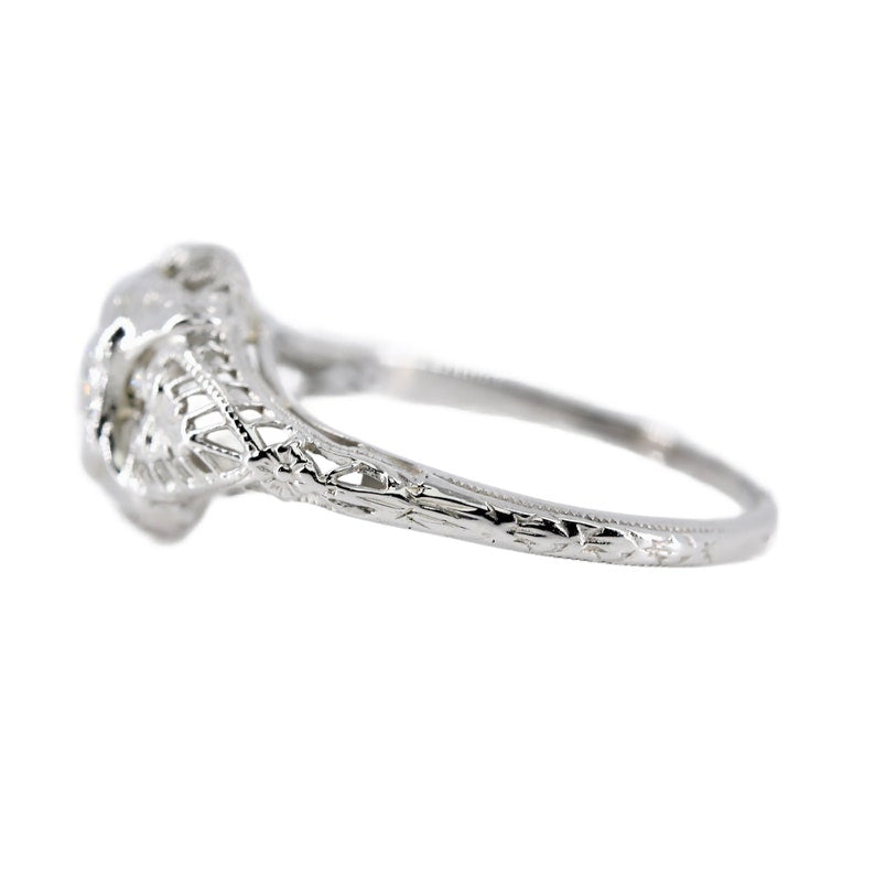 Floral Art Deco Diamond Filigree Engagement Ring in 18 Karat White Gold