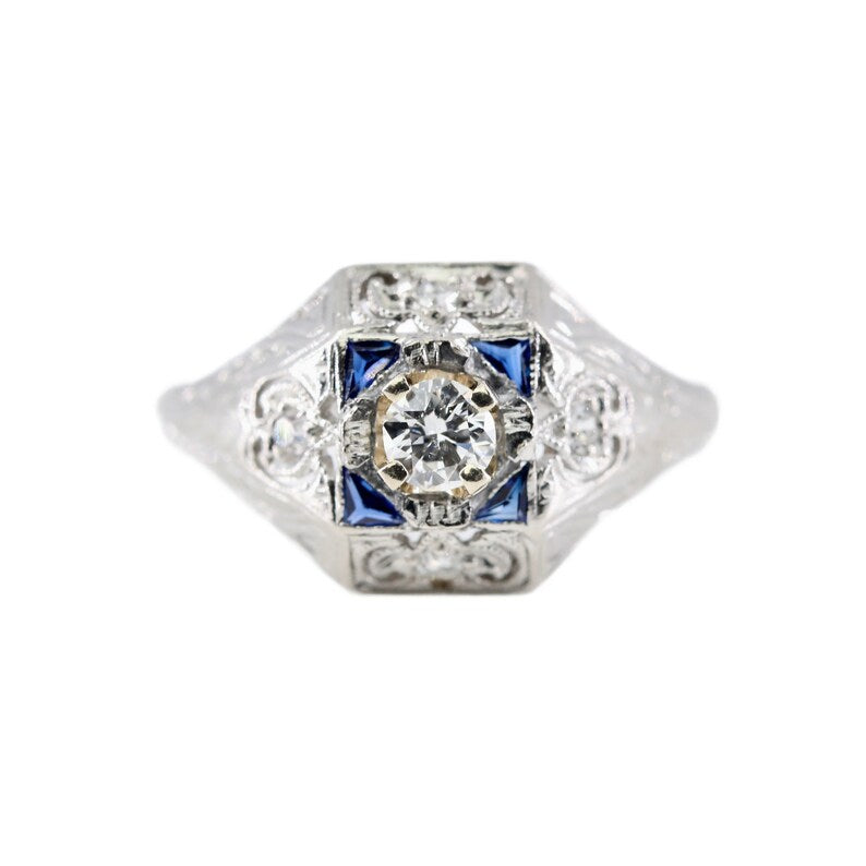 Charming Art Deco Diamond, & Sapphire Engagement Ring in Platinum Circa 1920's