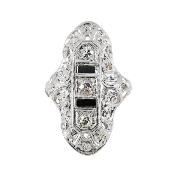 Dashing Art Deco European Cut Diamond & Onyx Cocktail Ring in Platinum Circa 1920's