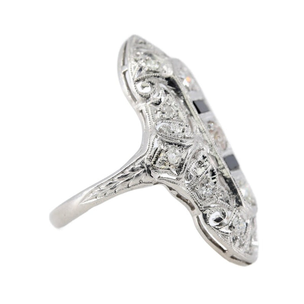 Dashing Art Deco European Cut Diamond & Onyx Cocktail Ring in Platinum Circa 1920's