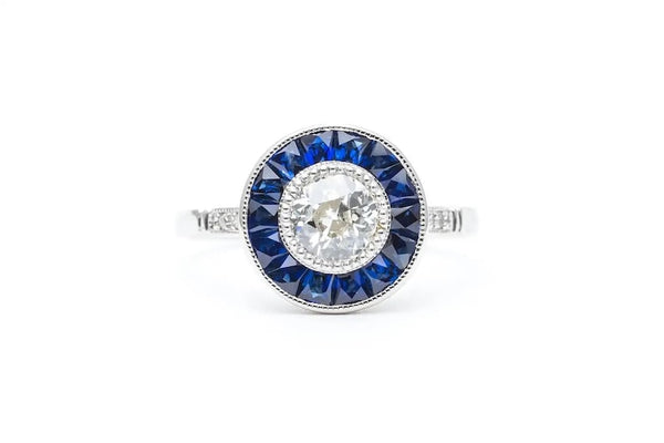 Art Deco Sapphire & Diamond Target Ring in Platinum