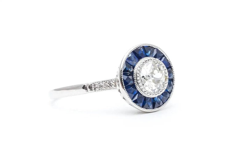 Art Deco Sapphire & Diamond Target Ring in Platinum