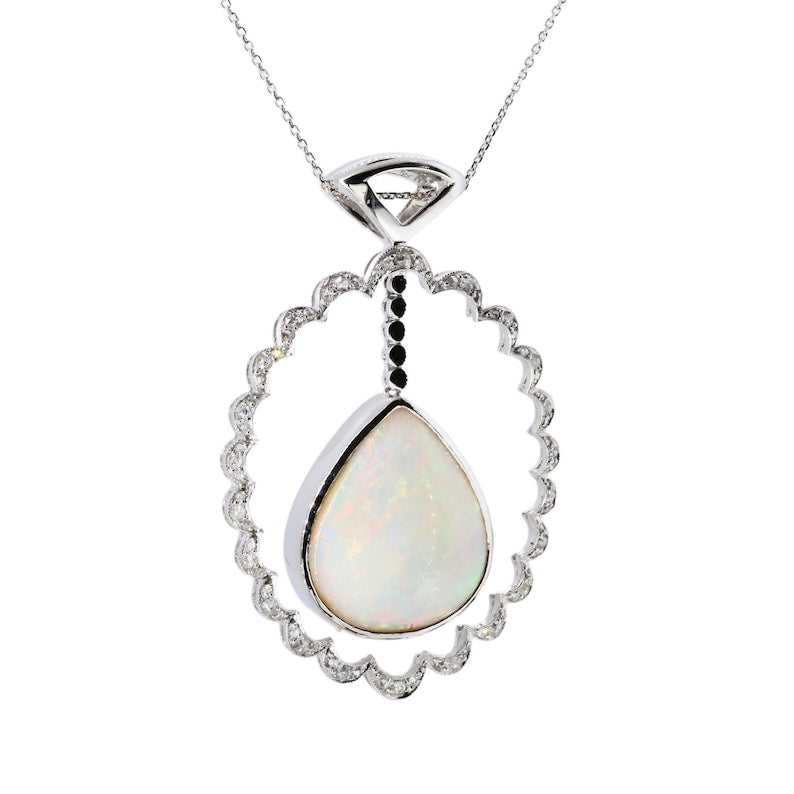 Edwardian Opal & Old Mine Cut Diamond Pendant Necklace in Platinum