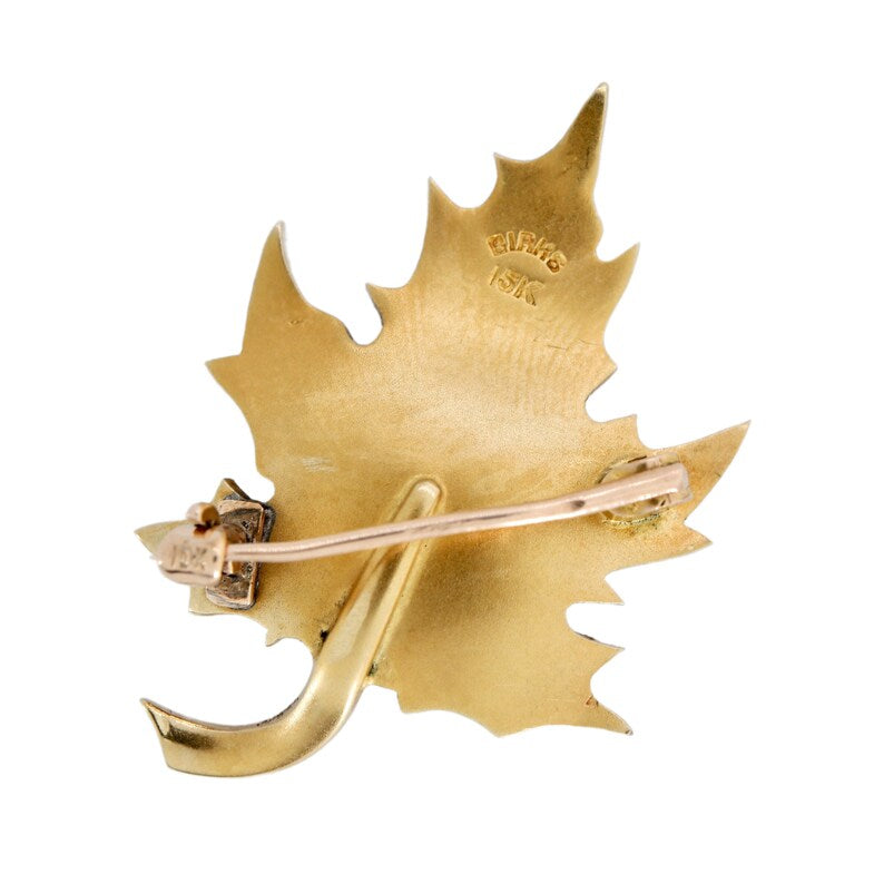 Birks Enamel & Diamond Maple Leaf Brooch in 15 Karat Yellow Gold Victorian