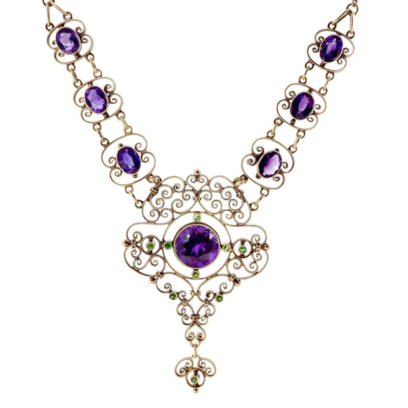 Edwardian Suffragette Amethyst & Demantoid Garnet Lavalier Necklace in 15 Karat Gold English