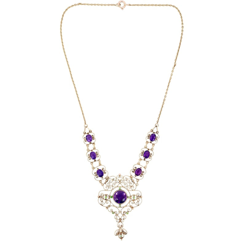 Edwardian Suffragette Amethyst & Demantoid Garnet Lavalier Necklace in 15 Karat Gold English