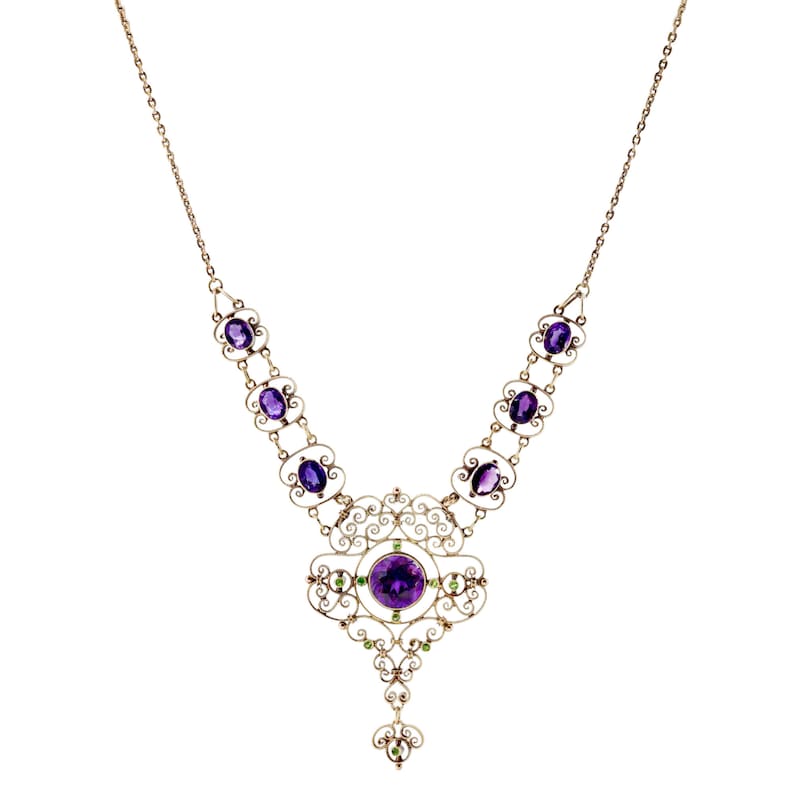 Edwardian Suffragette Amethyst & Demantoid Garnet Lavalier Necklace in 15 Karat Gold English