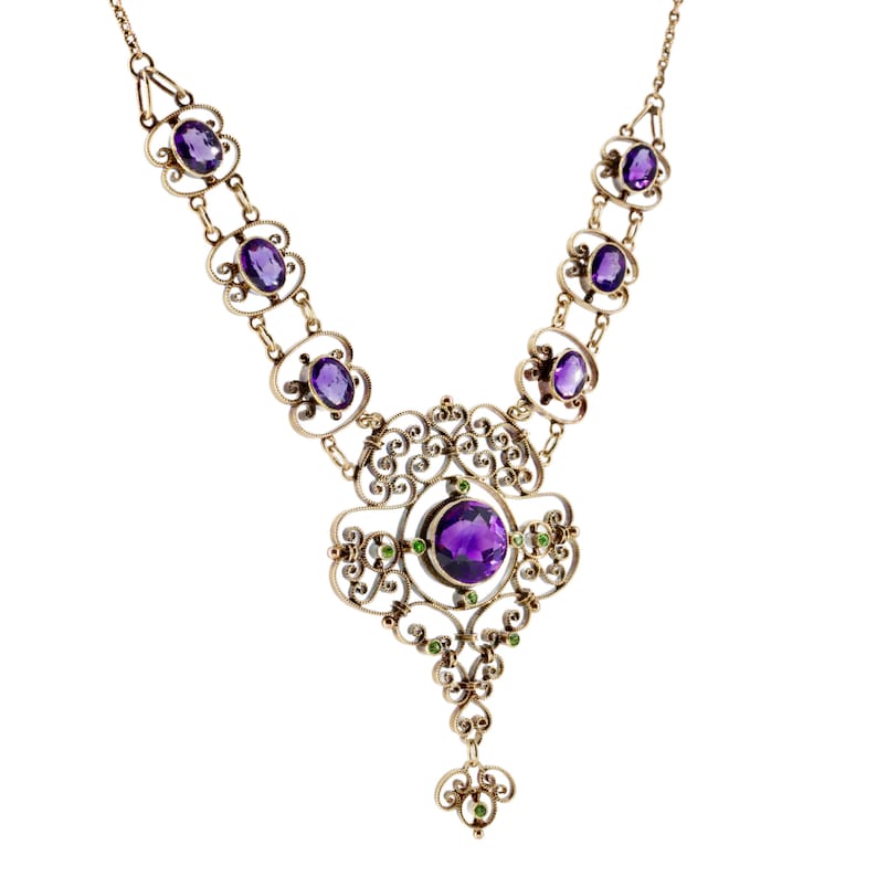 Edwardian Suffragette Amethyst & Demantoid Garnet Lavalier Necklace in 15 Karat Gold English