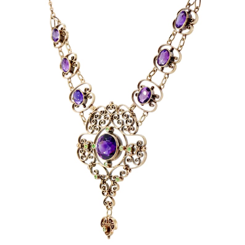 Edwardian Suffragette Amethyst & Demantoid Garnet Lavalier Necklace in 15 Karat Gold English