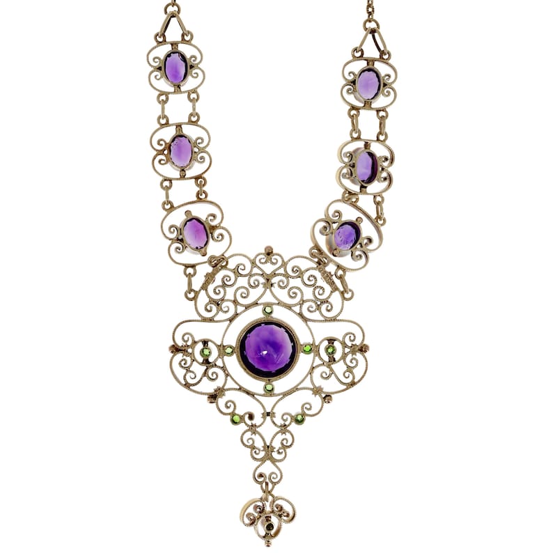 Edwardian Suffragette Amethyst & Demantoid Garnet Lavalier Necklace in 15 Karat Gold English