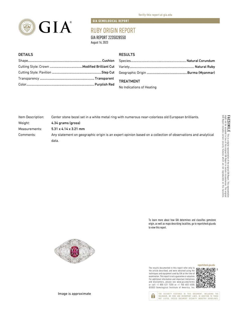 Edwardian GIA Burma No Heat Ruby & Diamond Filigree Ring