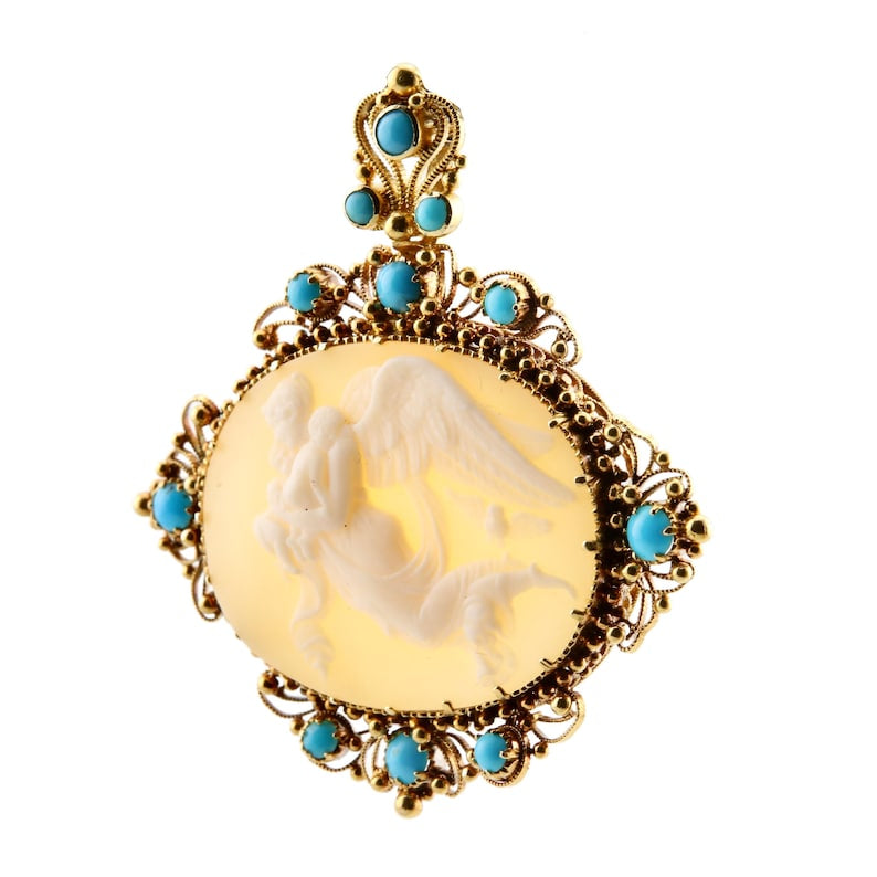 Victorian Nyx Goddess of Night and Precious Cargo Cameo & Turquoise Pendant Necklace