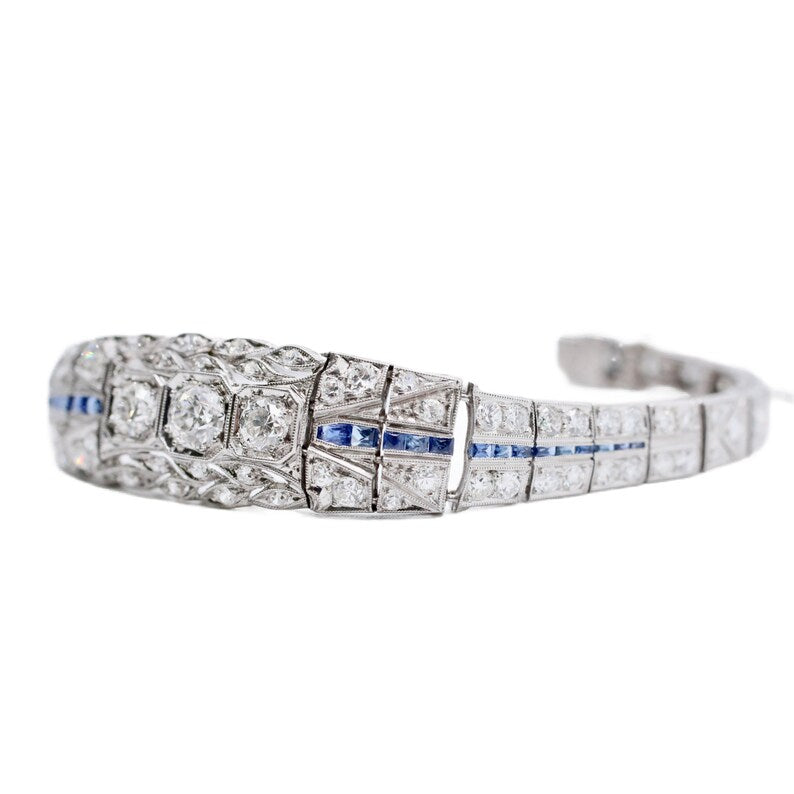 Art Deco 5.06ctw Diamond & Sapphire Bracelet in Platinum