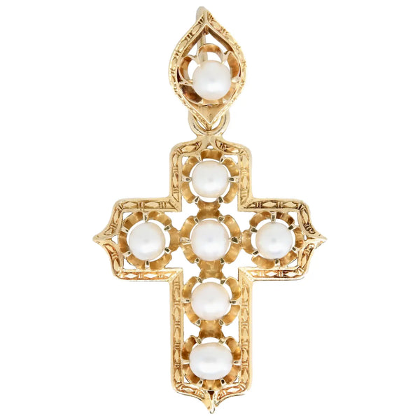 Victorian Hand Engraved Pearl Set Cross in 18K Yellow Gold