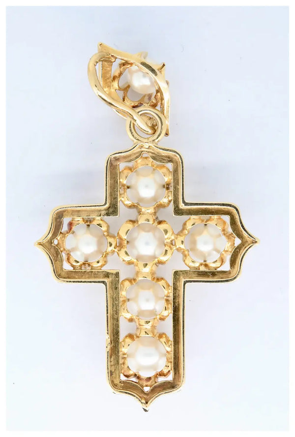 Victorian Hand Engraved Pearl Set Cross in 18K Yellow Gold