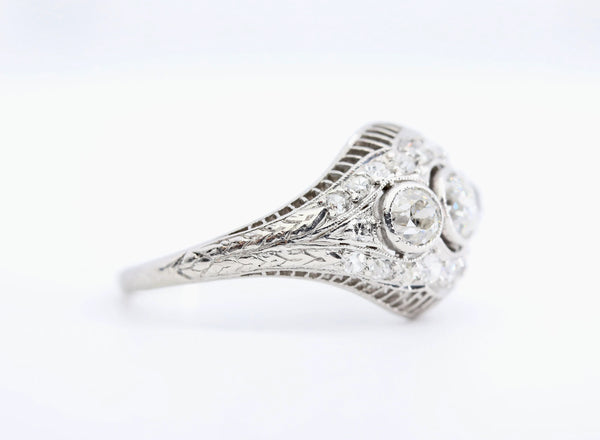 Art Deco Three Stone Diamond Filigree Ring in Platinum