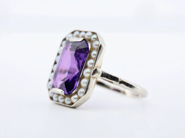 Art Deco Amethyst & Natural Pearl Ring in 18K White Gold