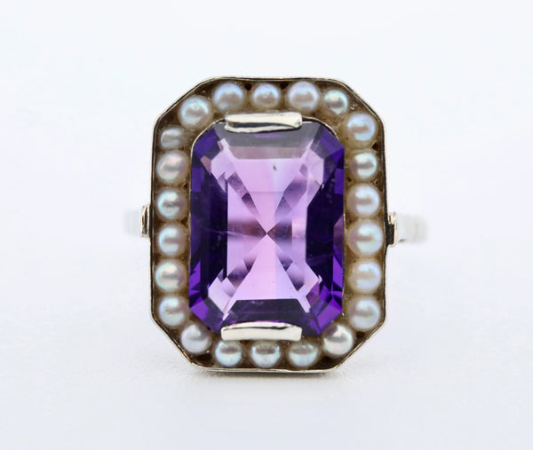 Art Deco Amethyst & Natural Pearl Ring in 18K White Gold