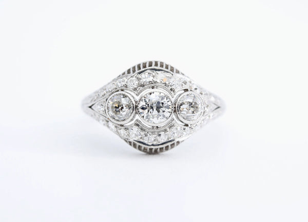 Art Deco Three Stone Diamond Filigree Ring in Platinum