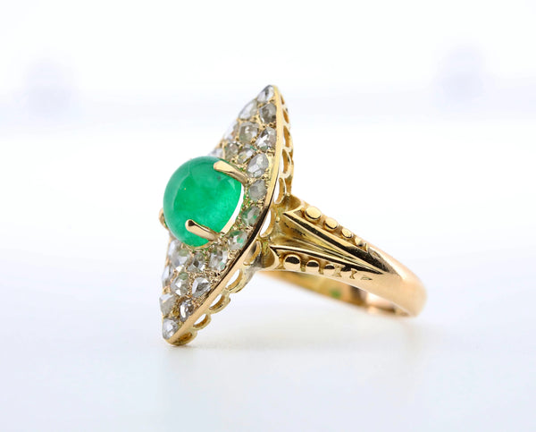 Victorian 3.08ctw Cabochon Emerald & Diamond Ring in 18K Yellow Gold