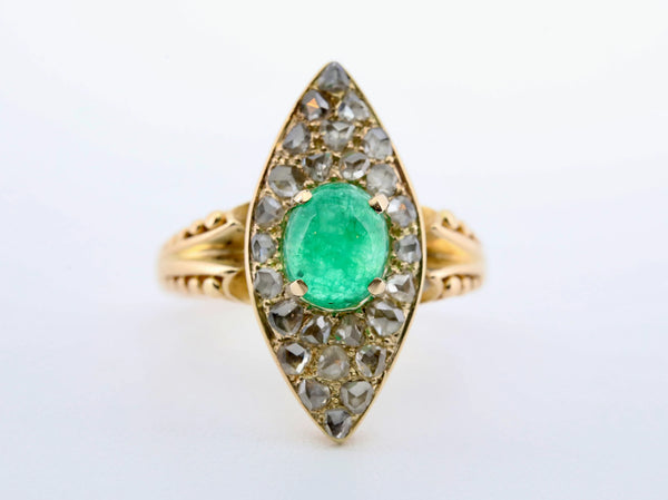 Victorian 3.08ctw Cabochon Emerald & Diamond Ring in 18K Yellow Gold