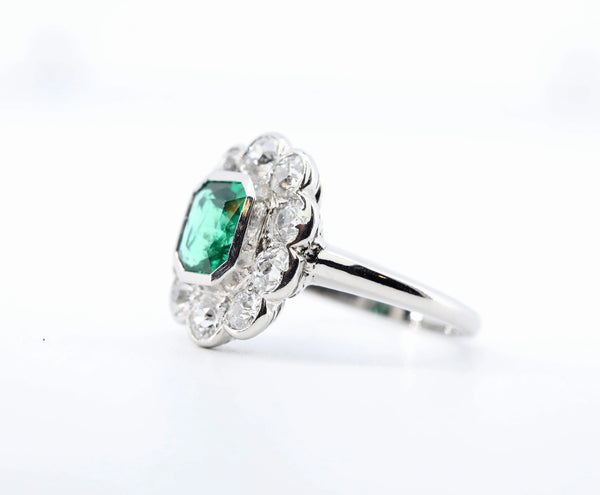 Fine Art Deco Emerald, & Diamond Ring in Platinum