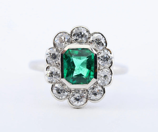 Fine Art Deco Emerald, & Diamond Ring in Platinum