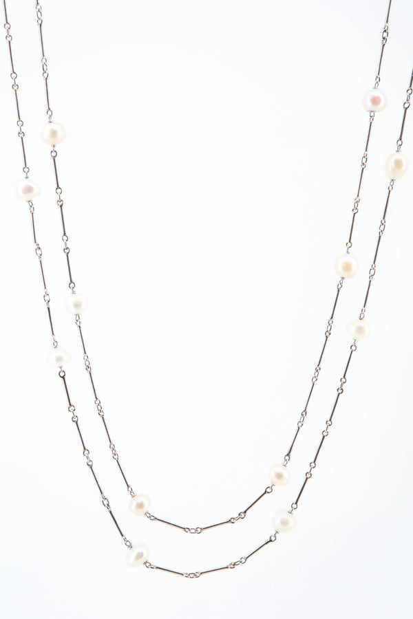 Art Deco GIA Natural Saltwater Pearl Chain Necklace in Platinum