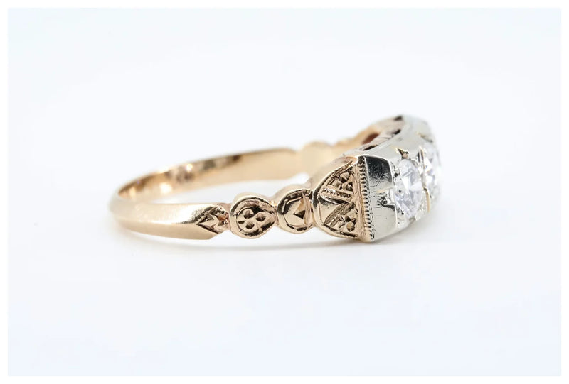 Art Deco 0.70ctw Three Stone Old Euro Cut Diamond Ring in 14K Gold