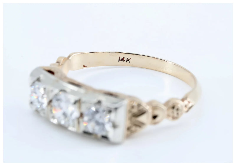Art Deco 0.70ctw Three Stone Old Euro Cut Diamond Ring in 14K Gold