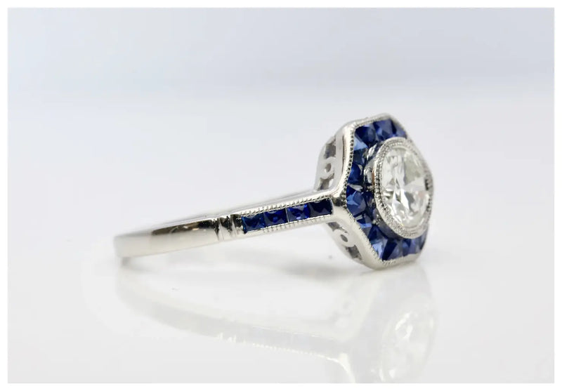 Art Deco 1.43 CTW Diamond & French Cut Sapphire Target Engagement Ring in Platinum