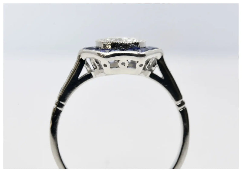 Art Deco 1.43 CTW Diamond & French Cut Sapphire Target Engagement Ring in Platinum