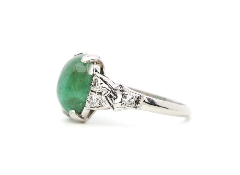 Art Deco 2.86ctw Cabochon Colombian Emerald & Diamond Ring in Platinum