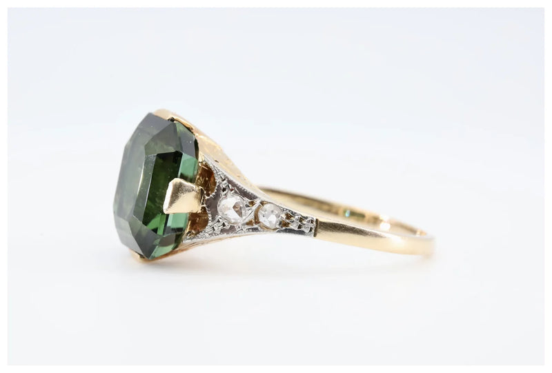 Art Deco 4.26ctw Tourmaline & Rose Cut Diamond Ring in 18K Gold, Platinum