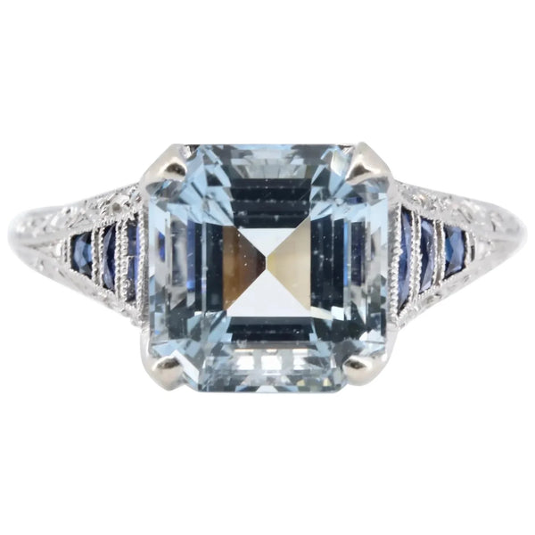 Art Deco Asscher Cut Aquamarine, Sapphire, & Diamond Ring in Platinum